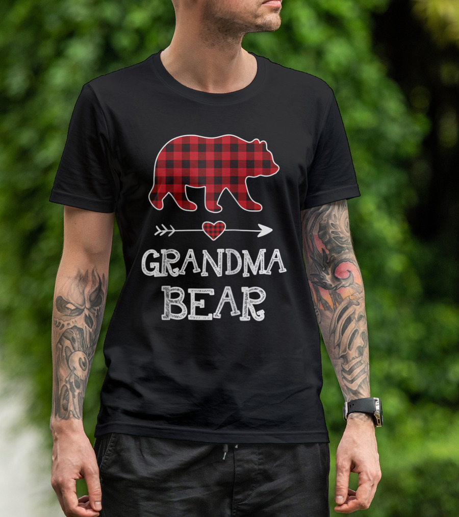 Grandma Bear Christmas Buffalo Plaid Raglan Baseball T-Shirt