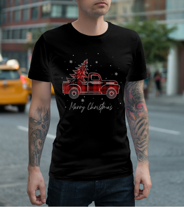 Merry Christmas Buffalo Plaid Red Truck Christmas Tree T-Shirt