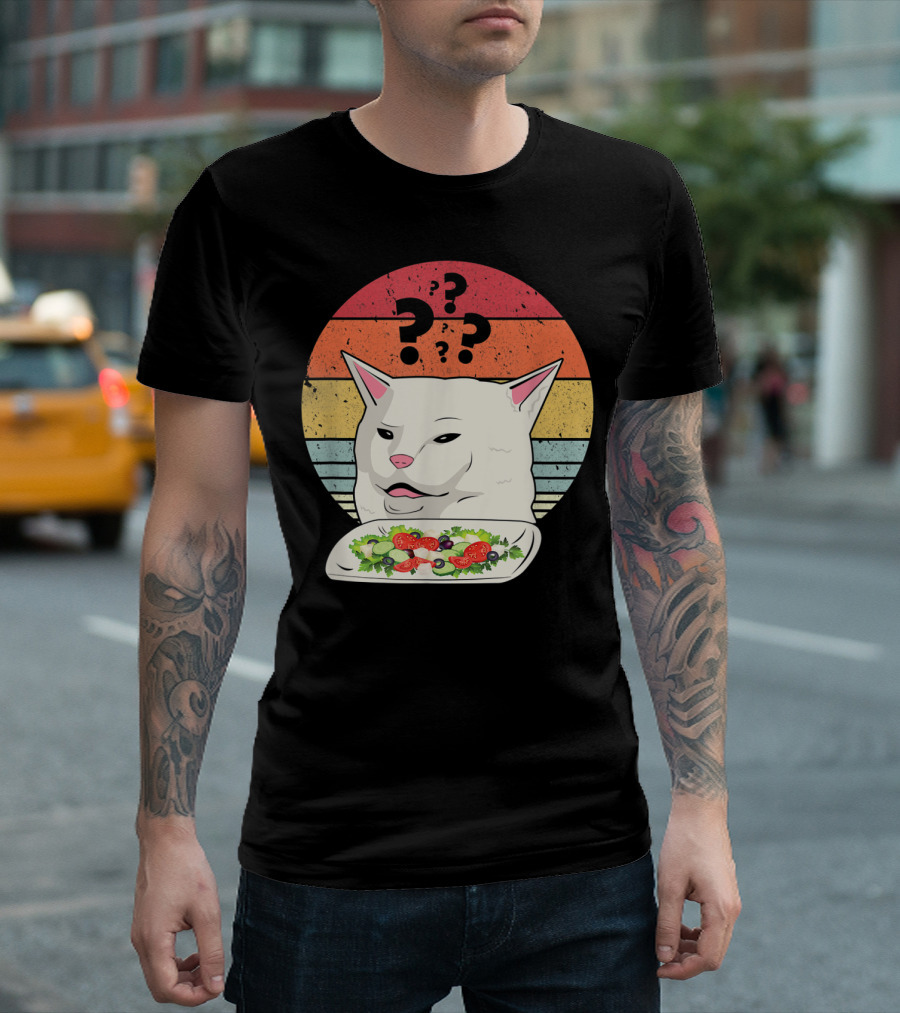Cat Meme Confused Expression with Salad and Retro Color Stripes T-Shirt