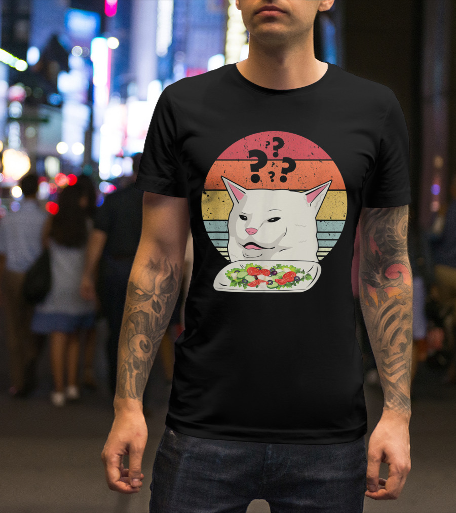 Cat Meme Confused Expression With Salad And Retro Color Stripes T-Shirt