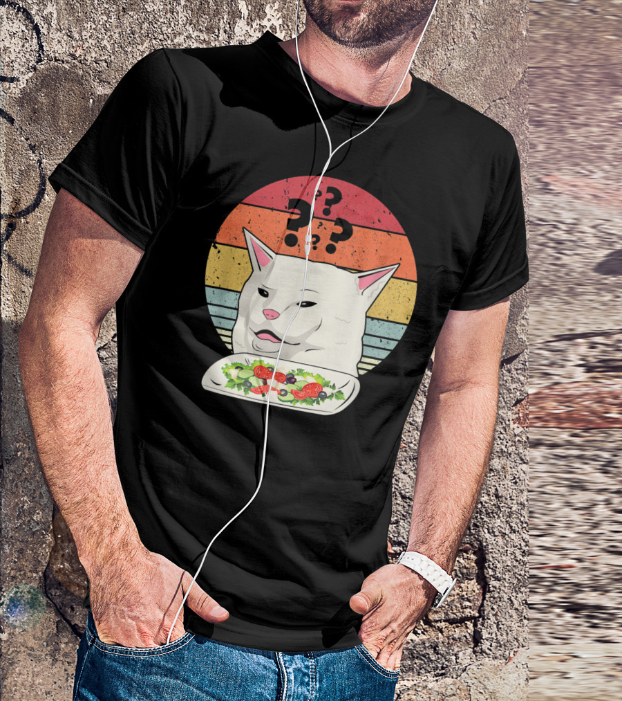 Cat Meme Confused Expression With Salad And Retro Color Stripes T-Shirt