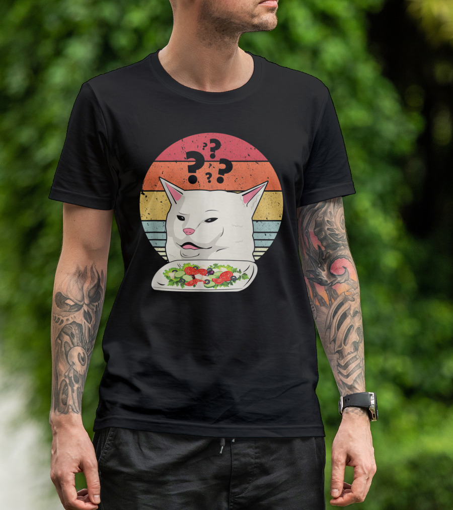 Cat Meme Confused Expression With Salad And Retro Color Stripes T-Shirt