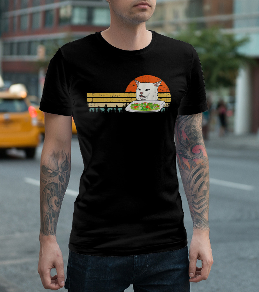 Yelling Cat Meme Retro Sunset Salad Plate Forest Scene T-Shirt