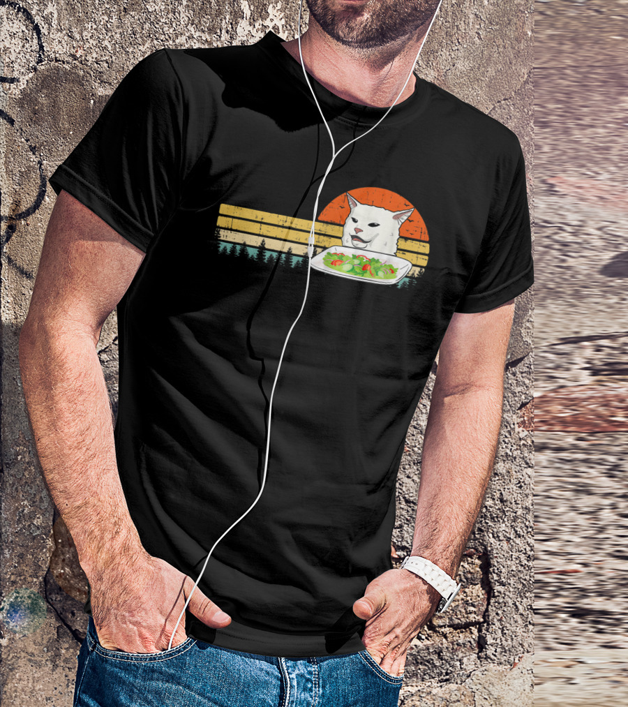 Yelling Cat Meme Retro Sunset Salad Plate Forest Scene T-Shirt