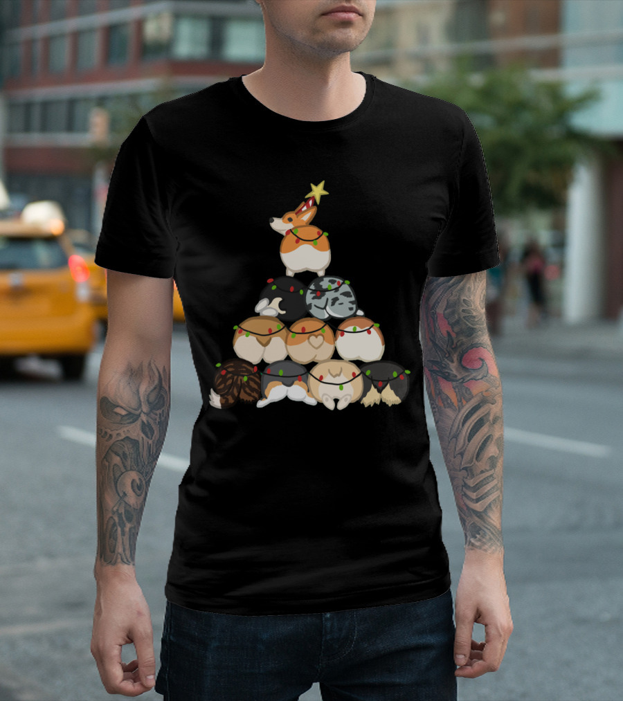 Corgi Butt Christmas Tree with Festive Lights and Star Topper T-Shirt