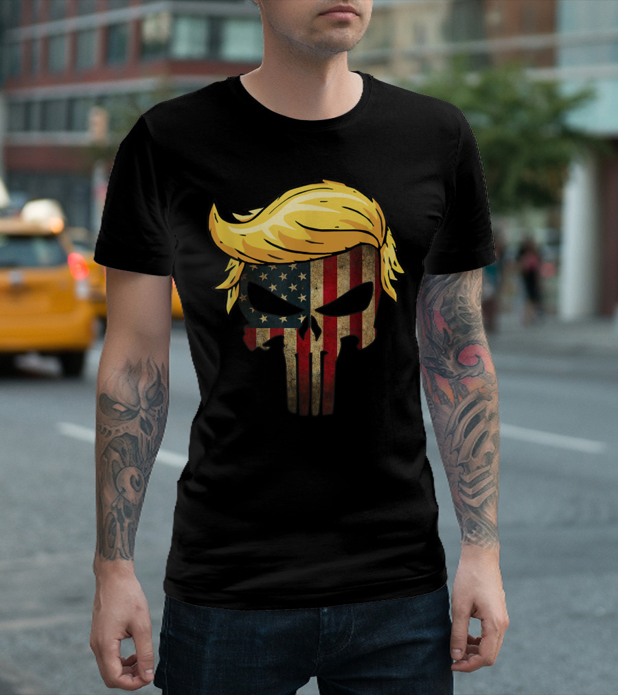 Hair Skull US Flag 4th Of July Patriotic T-Shirt