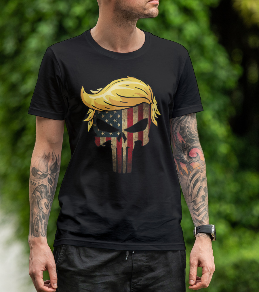 Hair Skull US Flag 4th Of July Patriotic T-Shirt