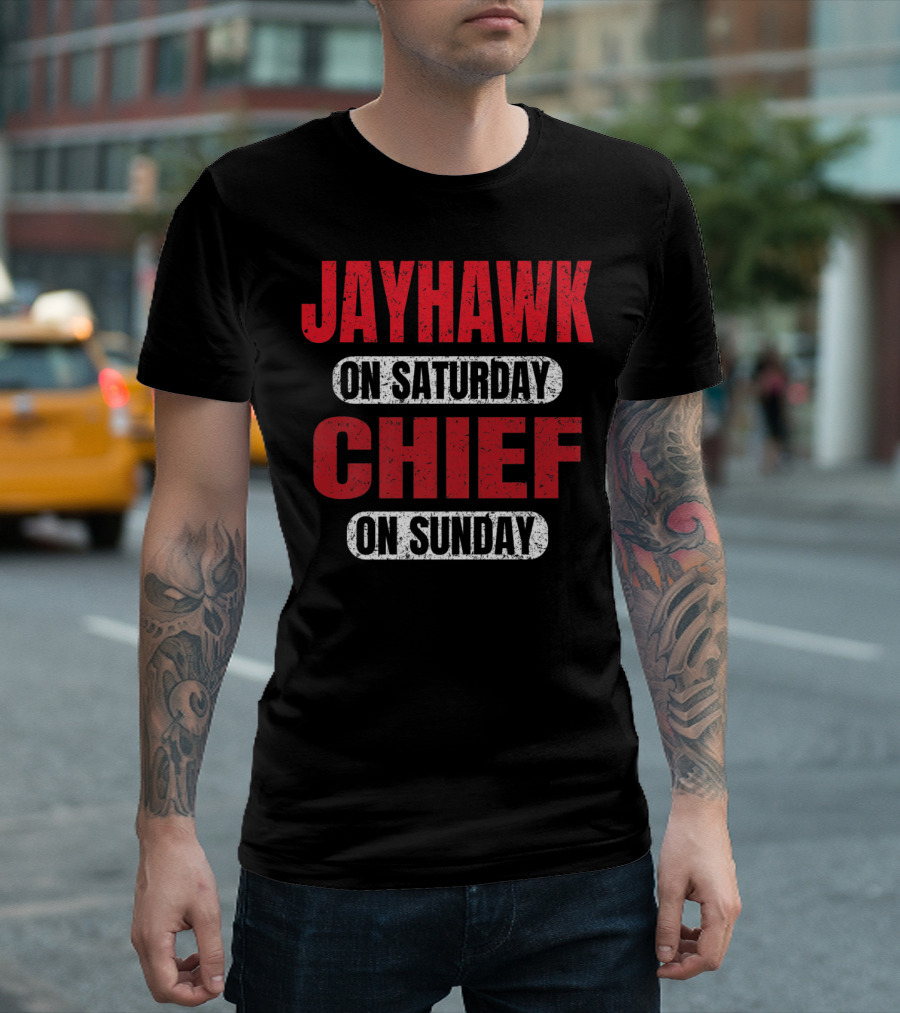 Jayhawk On Saturday Chief On Sunday Kansas City Football Fan T-Shirt