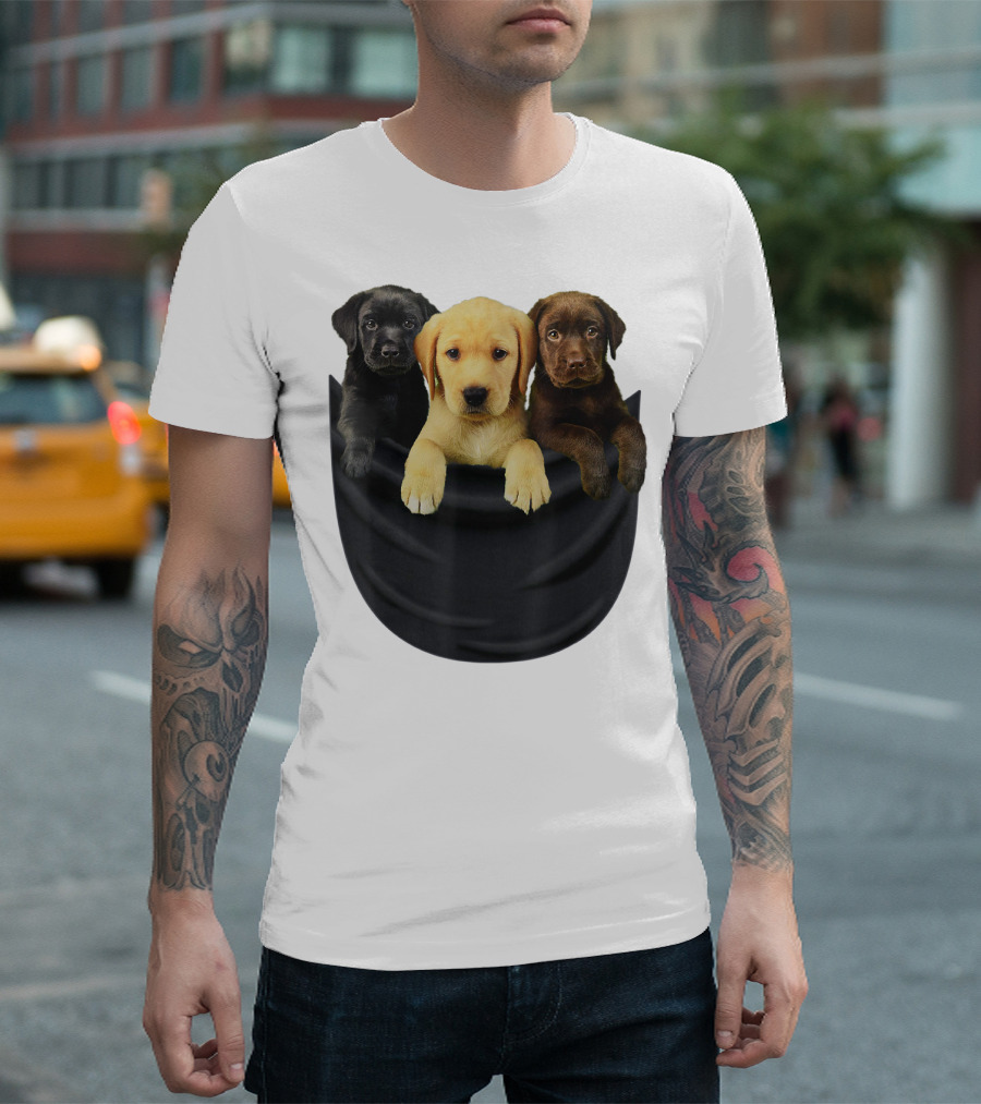 Labrador Retriever Puppy Trio In Big Black Pocket Dog T-Shirt