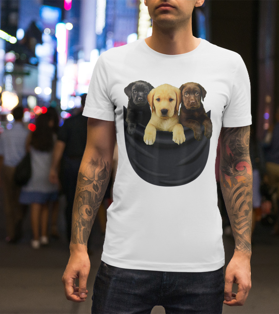 Labrador Retriever Puppy Trio In Big Black Pocket Dog T-Shirt