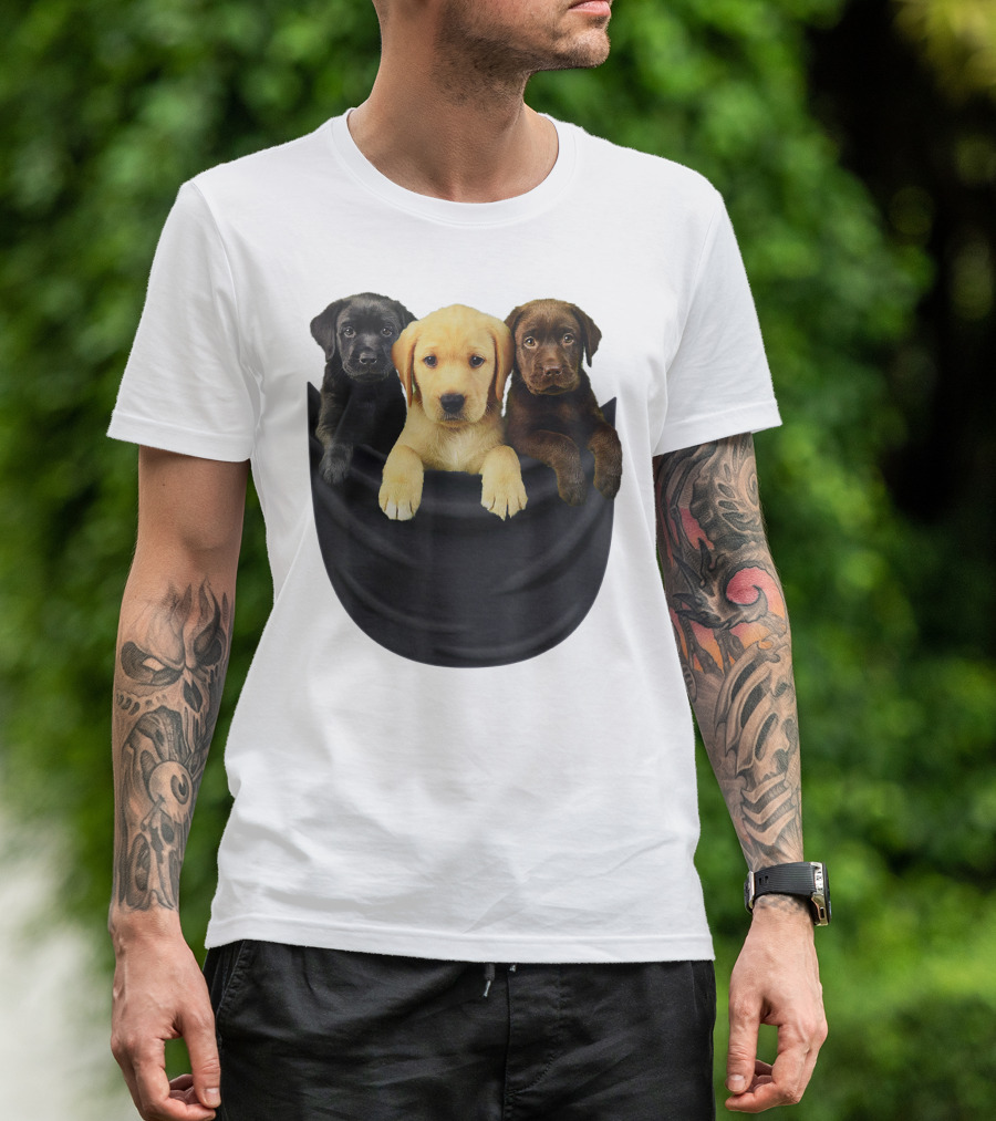 Labrador Retriever Puppy Trio In Big Black Pocket Dog T-Shirt