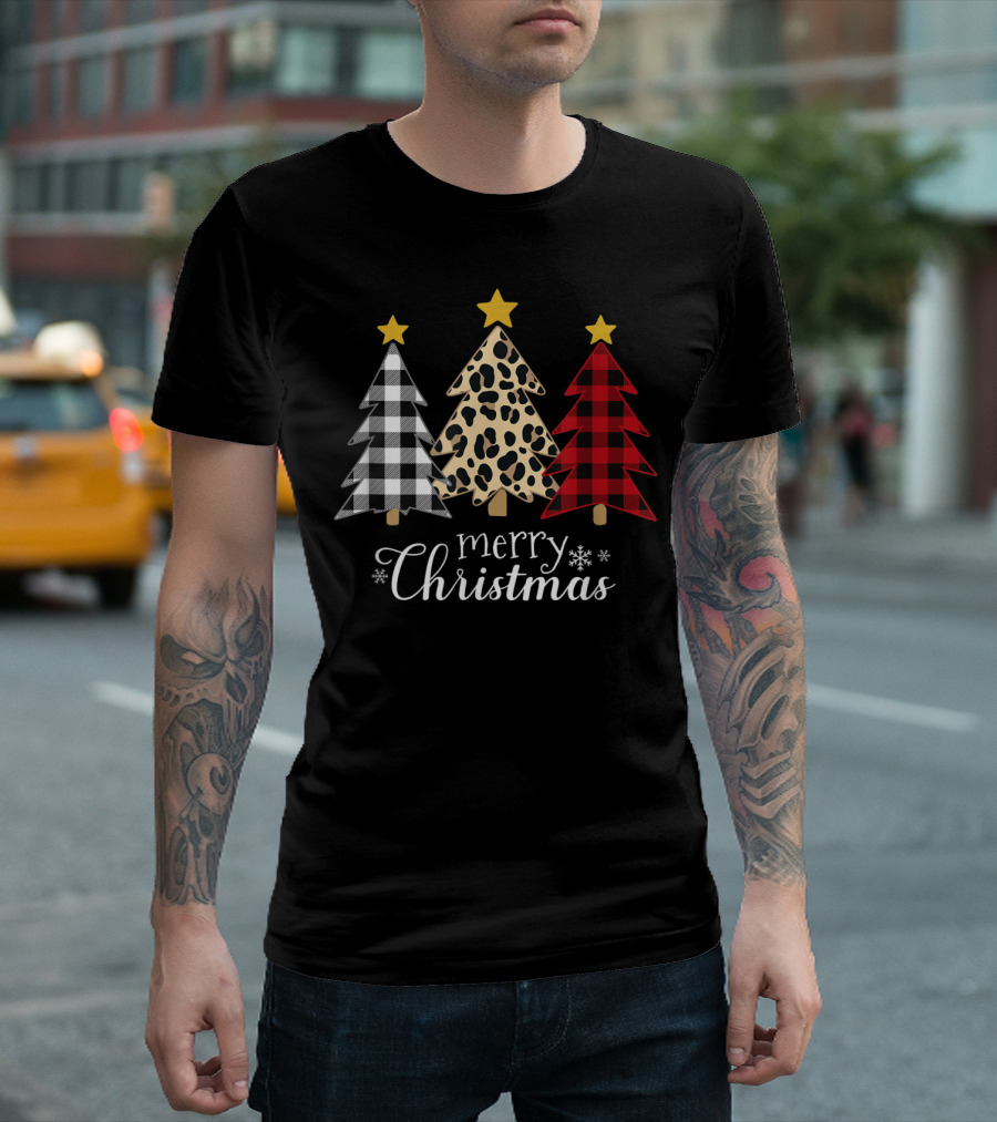 Merry Christmas Buffalo Plaid and Leopard Print Xmas Trees T-Shirt