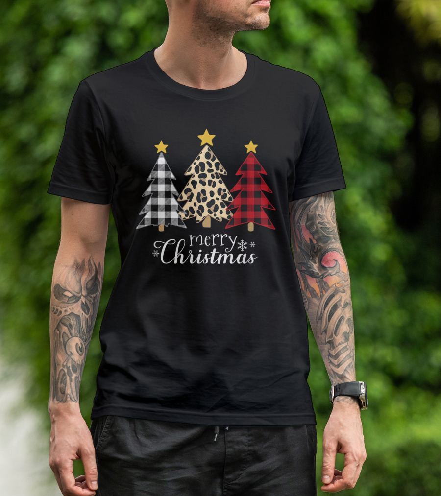 Merry Christmas Buffalo Plaid And Leopard Print Xmas Trees T-Shirt
