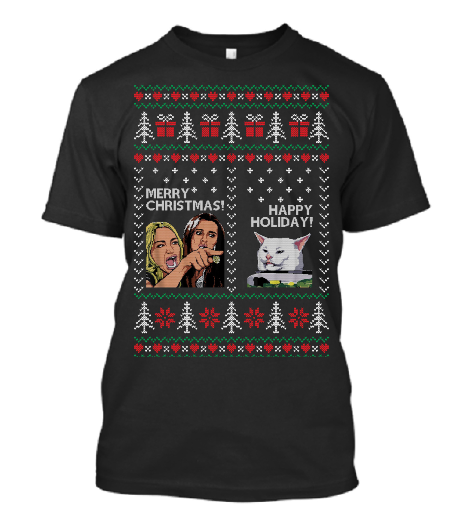 Merry Christmas Happy Holiday Woman Yelling Confused Cat Meme Christmas Trees Gifts Snowflakes T-Shirt
