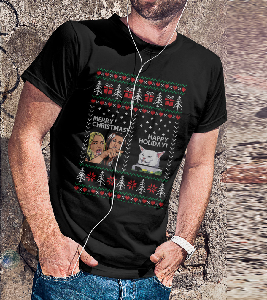 Merry Christmas Happy Holiday Woman Yelling Confused Cat Meme Christmas Trees Gifts Snowflakes T-Shirt