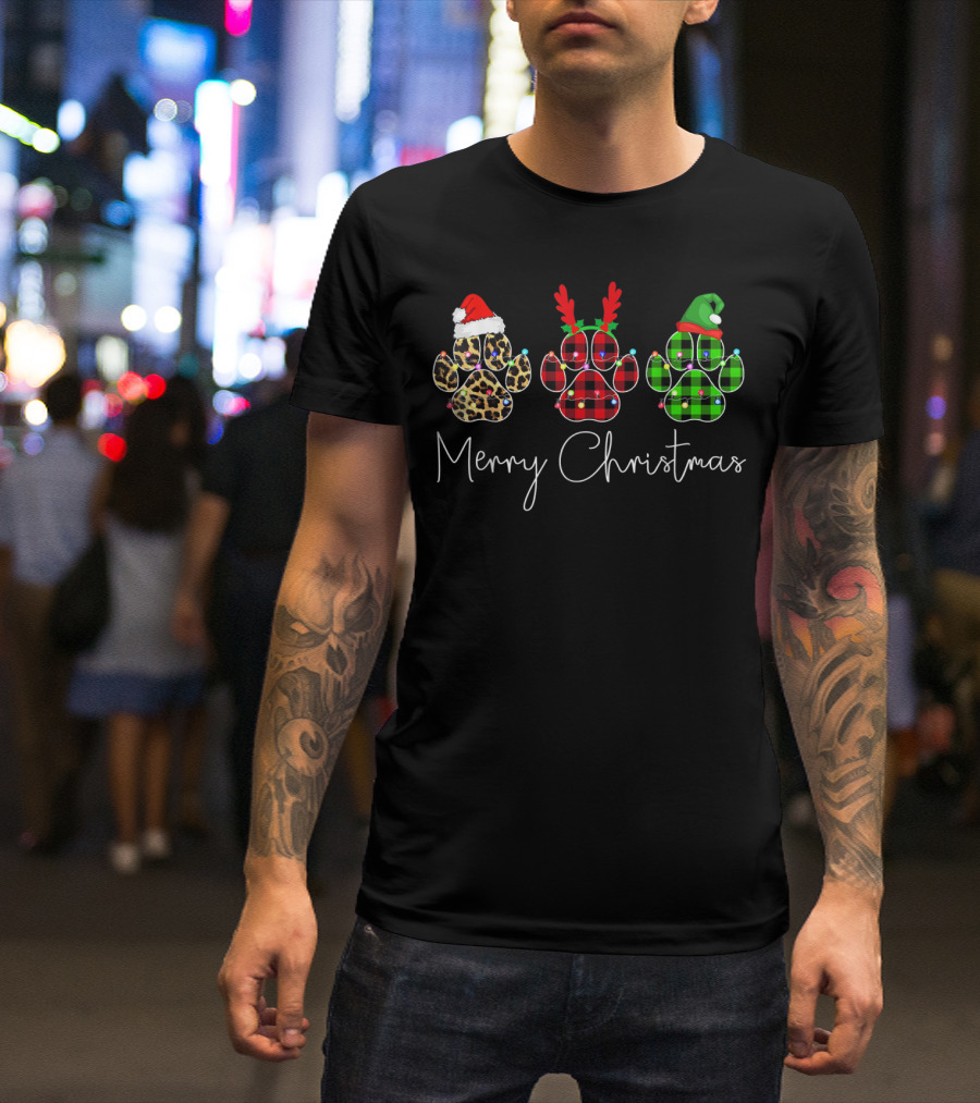 Merry Christmas Leopard Reindeer Elf Paw Dogs T-Shirt