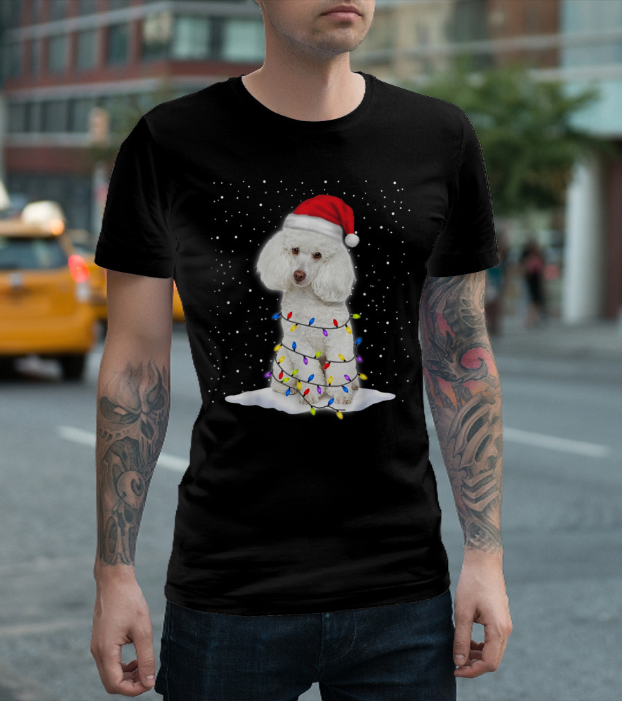 Poodle Santa Christmas Tree Decor with Colorful String Lights Snowfall T-Shirt