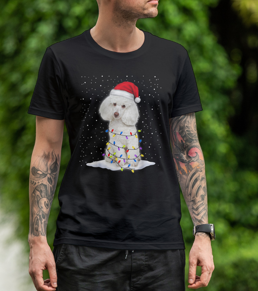 Poodle Santa Christmas Tree Decor With Colorful String Lights Snowfall T-Shirt