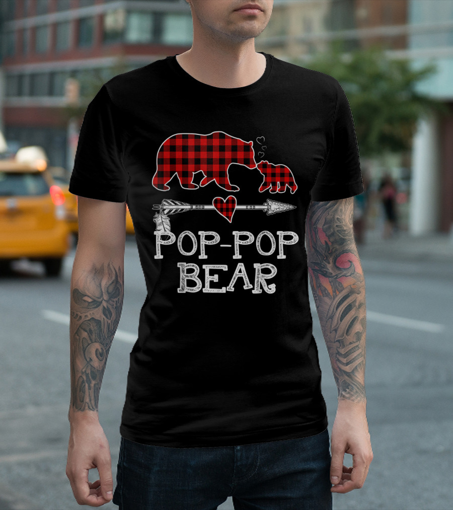 Pop Pop Bear Red Plaid Buffalo Christmas Hearts Arrow T-Shirt