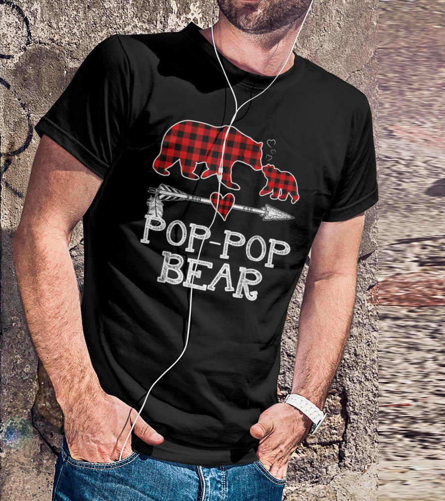 Pop Pop Bear Red Plaid Buffalo Christmas Hearts Arrow T-Shirt