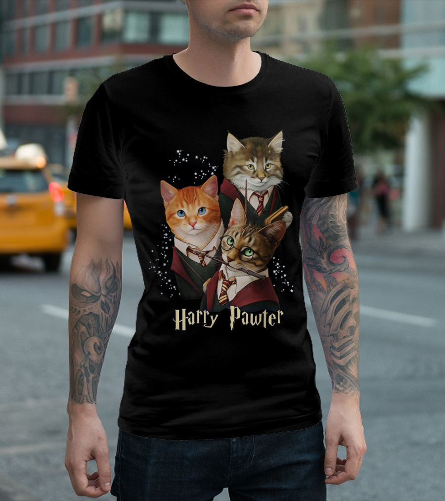 Harry Pawter Cats In Wizard Robes With Wands And Glasses T-Shirt
