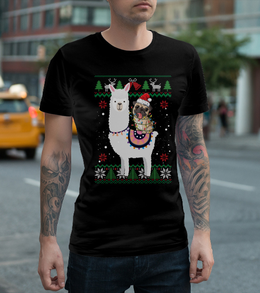 Christmas Pug Riding Llama With Santa Hat And Lights T-Shirt