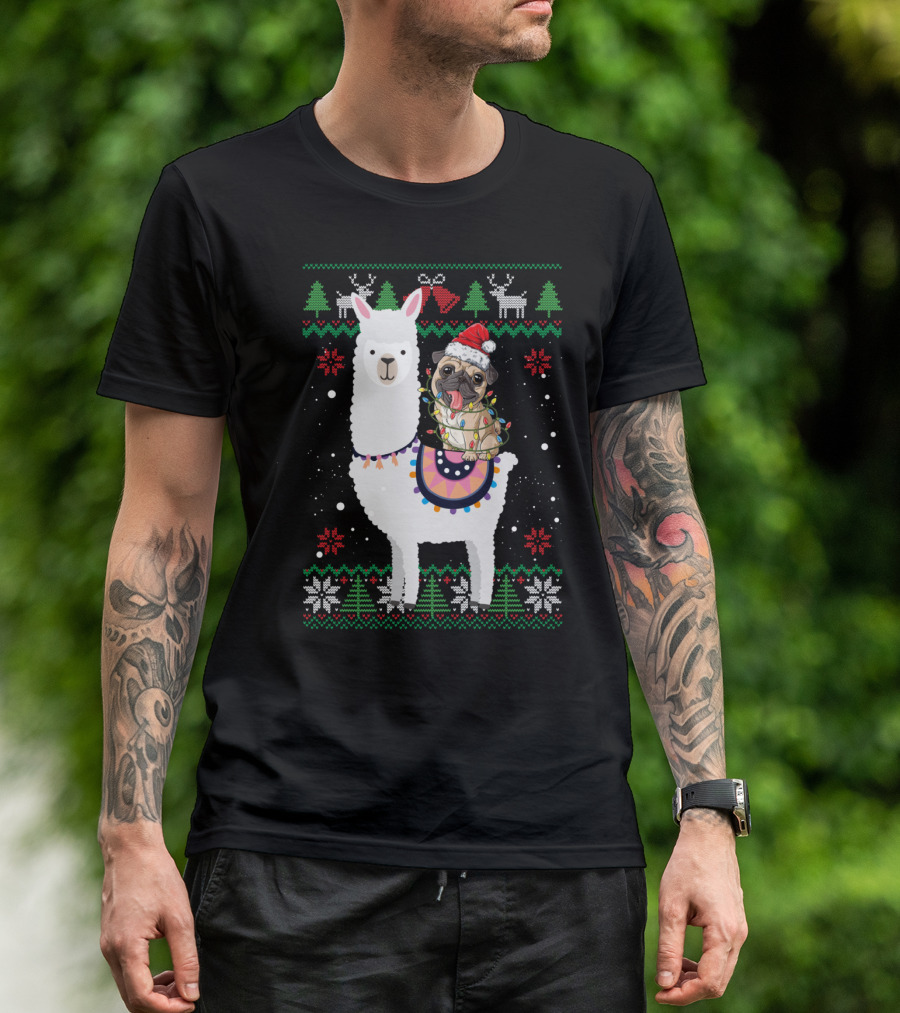 Christmas Pug Riding Llama With Santa Hat And Lights T-Shirt