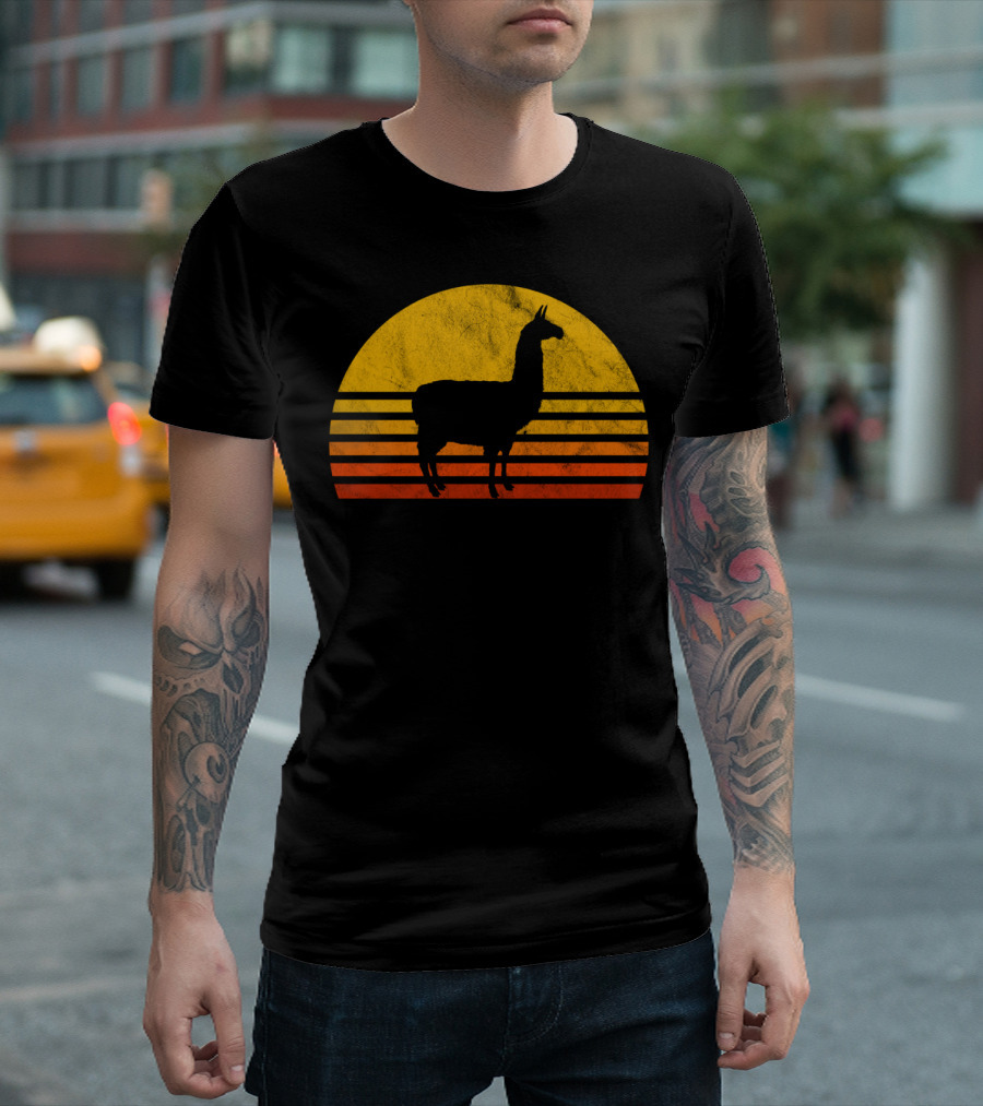 Retro Llama Silhouette Against Sunset Colors T-Shirt