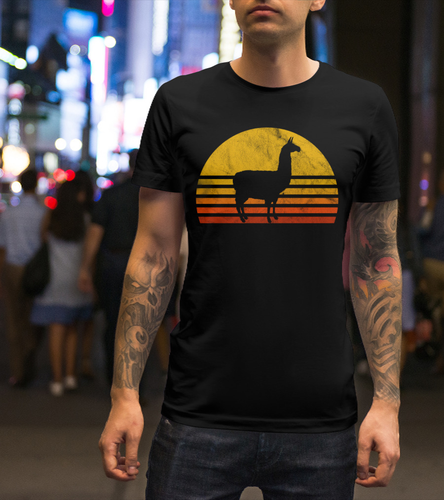 Retro Llama Silhouette Against Sunset Colors T-Shirt