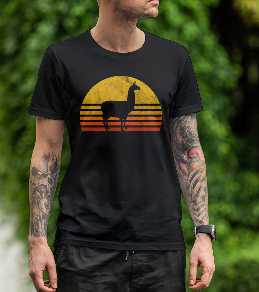 Retro Llama Silhouette Against Sunset Colors T-Shirt
