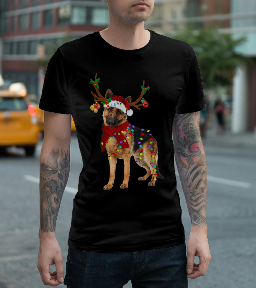 Santa German Shepherd Reindeer Antlers Christmas Lights T-Shirt