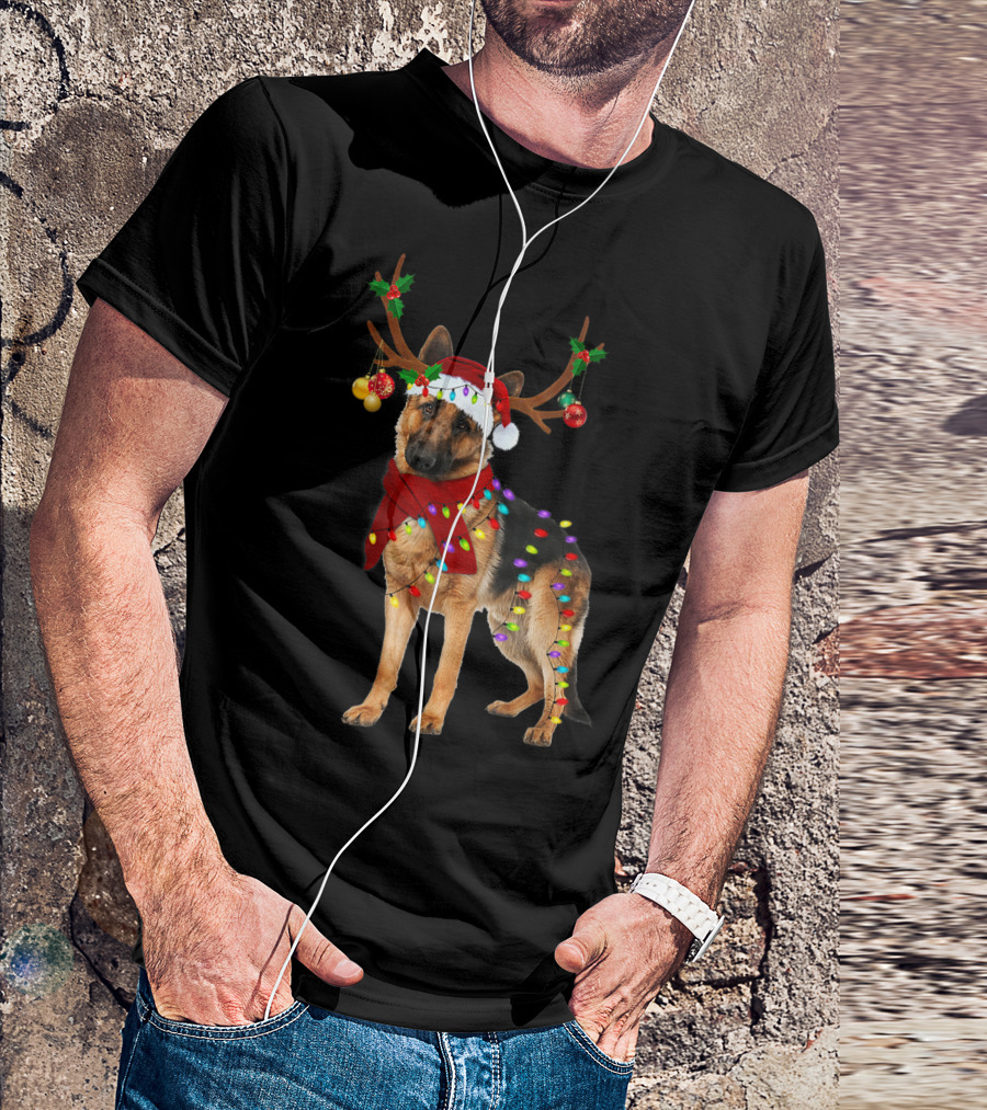 Santa German Shepherd Reindeer Antlers Christmas Lights T-Shirt