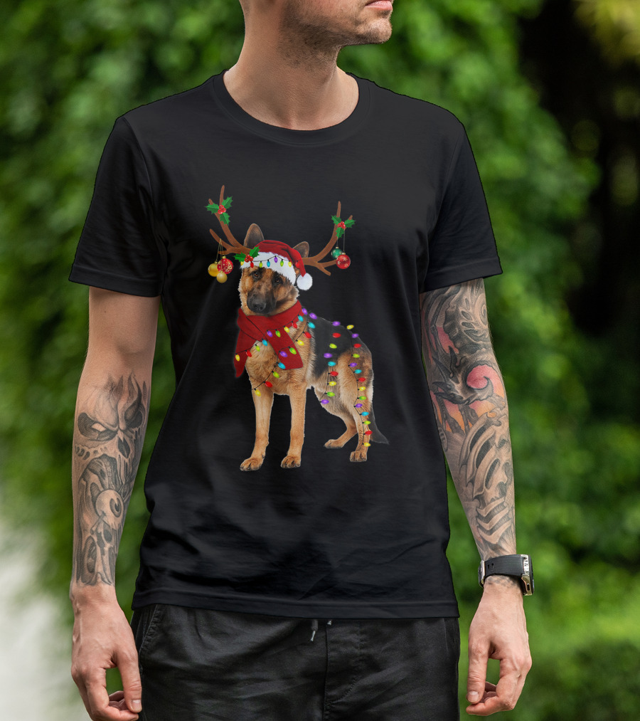Santa German Shepherd Reindeer Antlers Christmas Lights T-Shirt