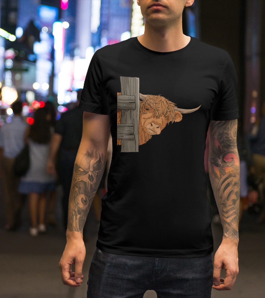 Scottish Highland Cow Spirit Animal Peeking Behind Wooden Fence T-Shirt
