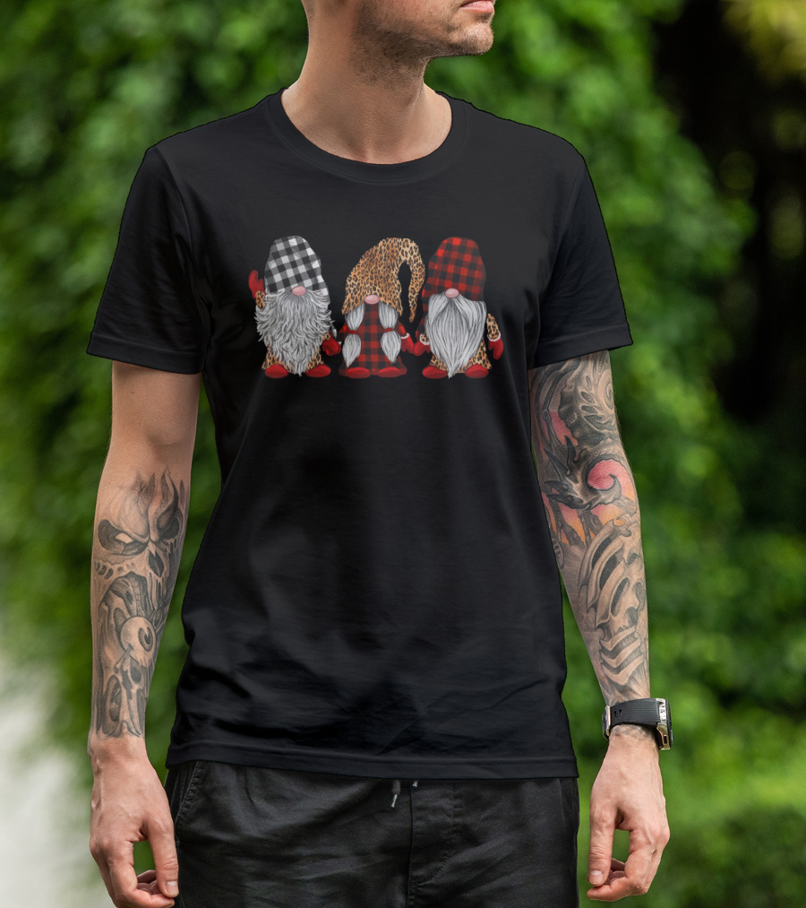 Three Gnomes In Black White Red Plaid And Leopard T-Shirt