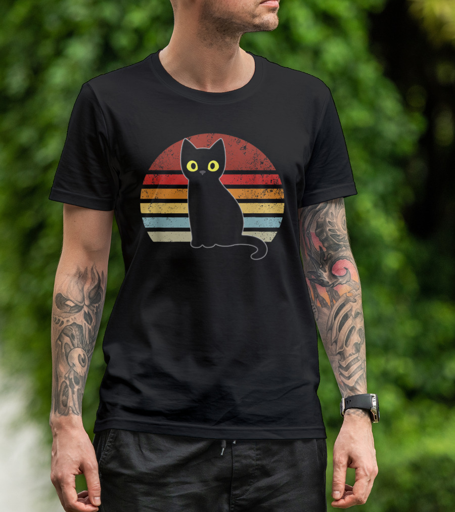 Vintage Retro Stripes Black Cat Kitty Kitten T-Shirt