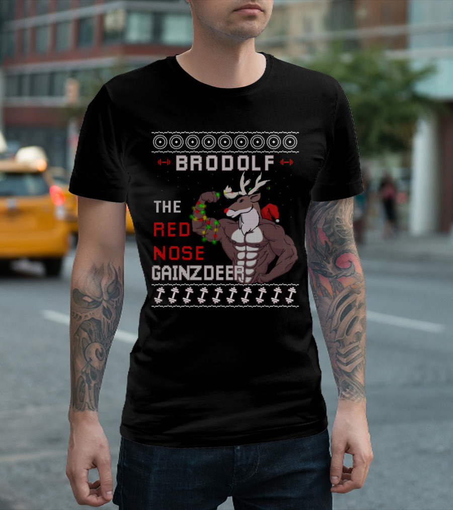 Brodolf The Red Nose Gainzdeer Lifting Weights Festive Sweater Style Fitness T-Shirt