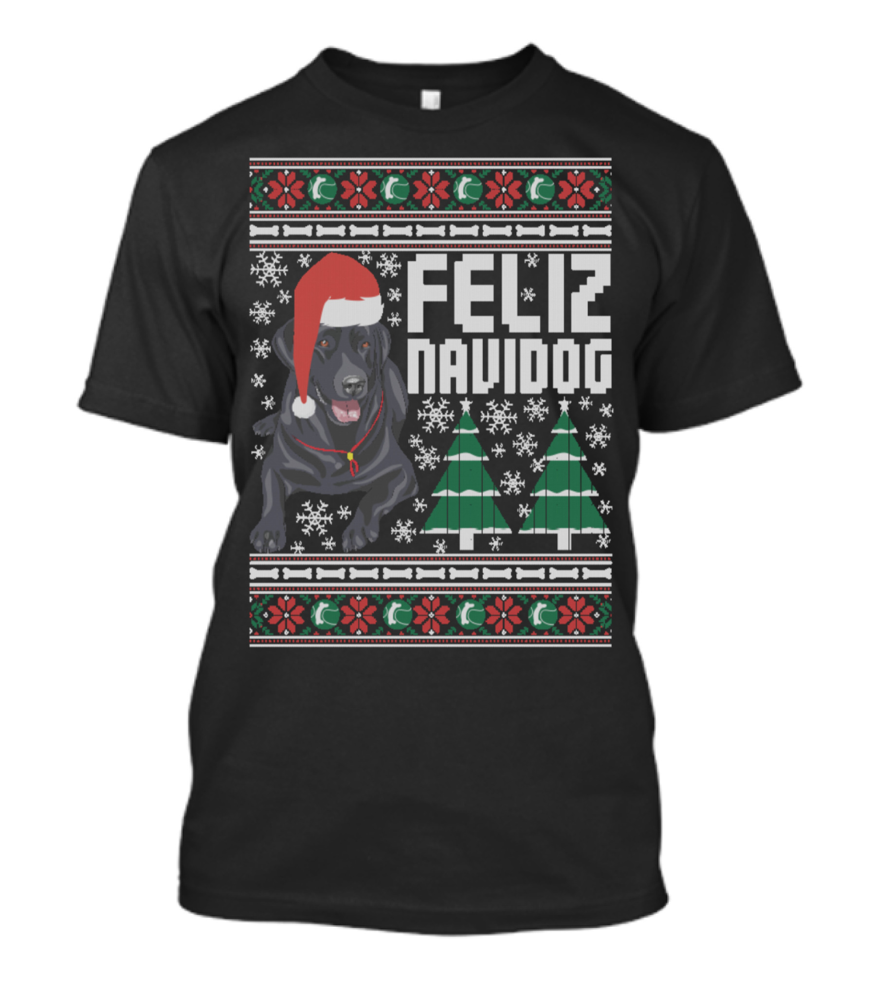 Feliz Navidog Labrador With Santa Hat And Christmas Trees Snowflakes T-Shirt