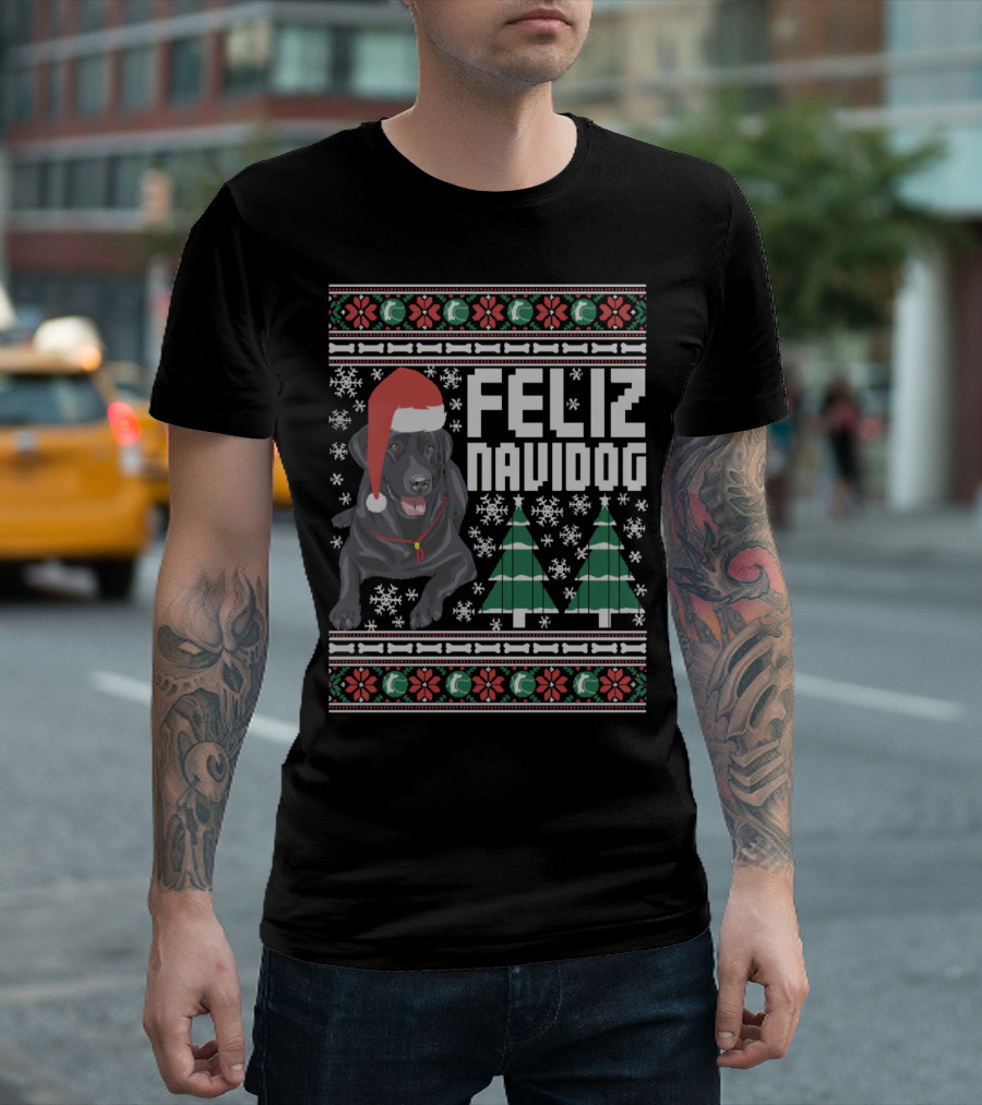 Feliz Navidog Labrador with Santa Hat and Christmas Trees Snowflakes T-Shirt