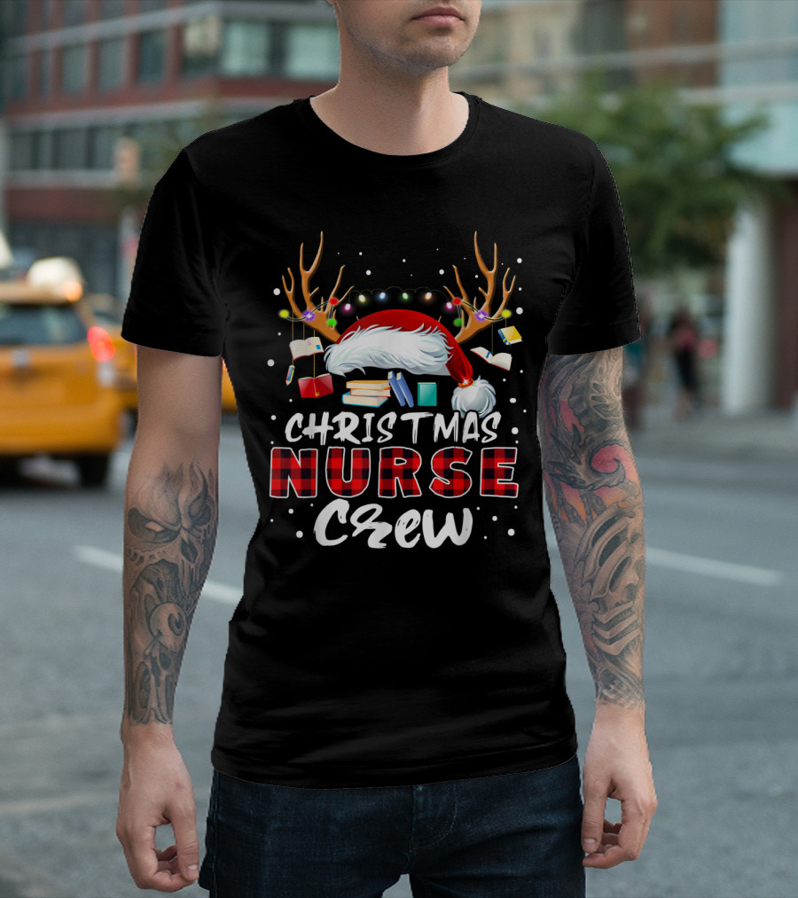 Christmas Nurse Crew RN LPN Santa Hat Reindeer Holiday Lights T-Shirt