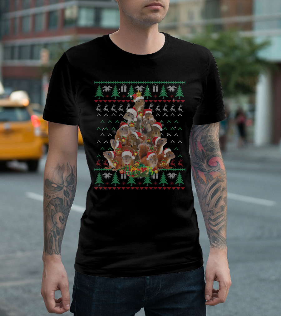 Christmas Tree Squirrel Santa Hats and Presents T-Shirt