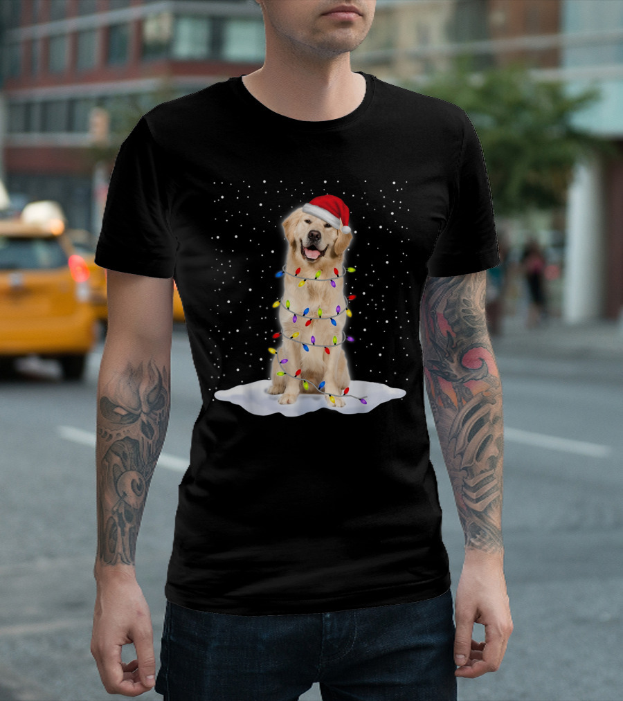 Golden Retriever With Santa Hat Wrapped In Colorful Christmas Tree Lights And Snowflakes T-Shirt