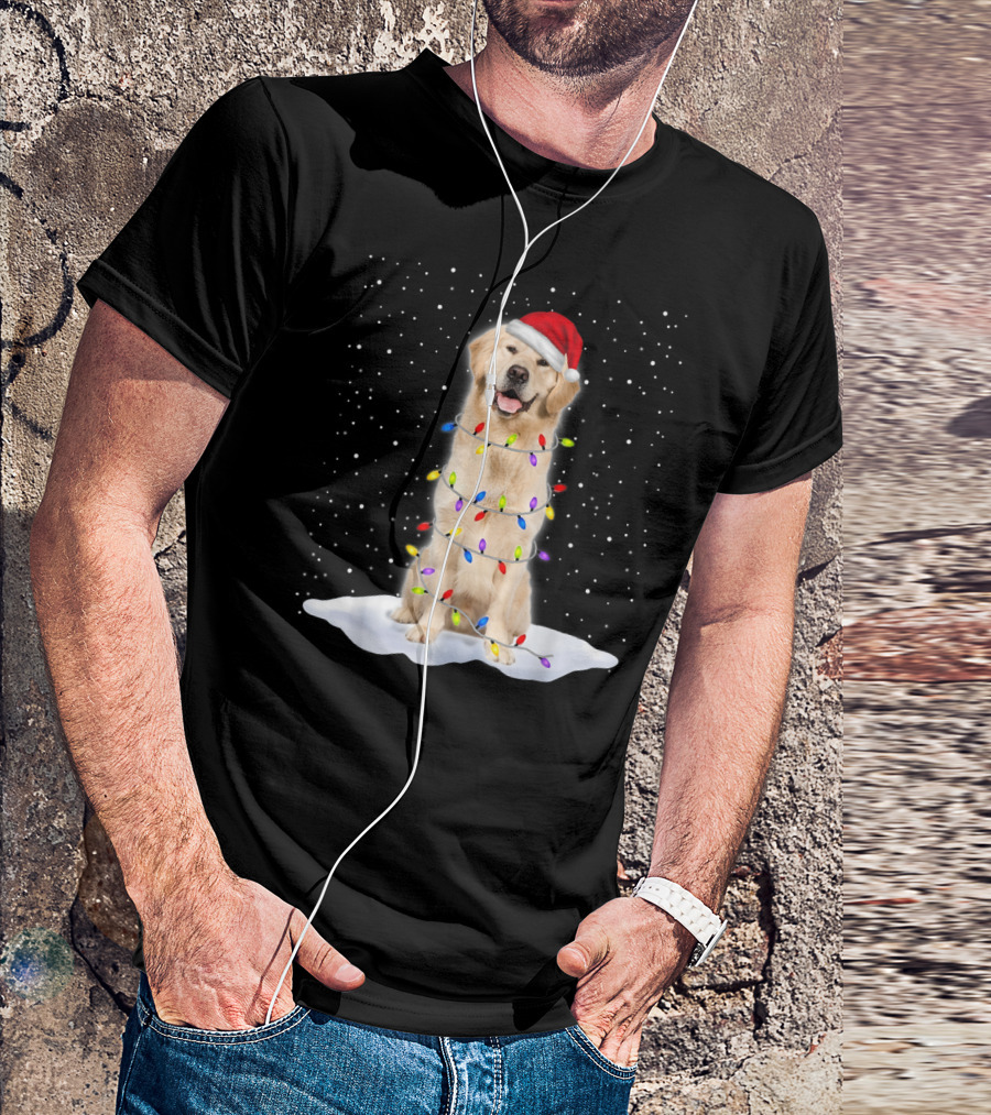 Golden Retriever With Santa Hat Wrapped In Colorful Christmas Tree Lights And Snowflakes T-Shirt