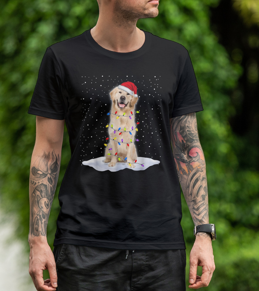 Golden Retriever With Santa Hat Wrapped In Colorful Christmas Tree Lights And Snowflakes T-Shirt