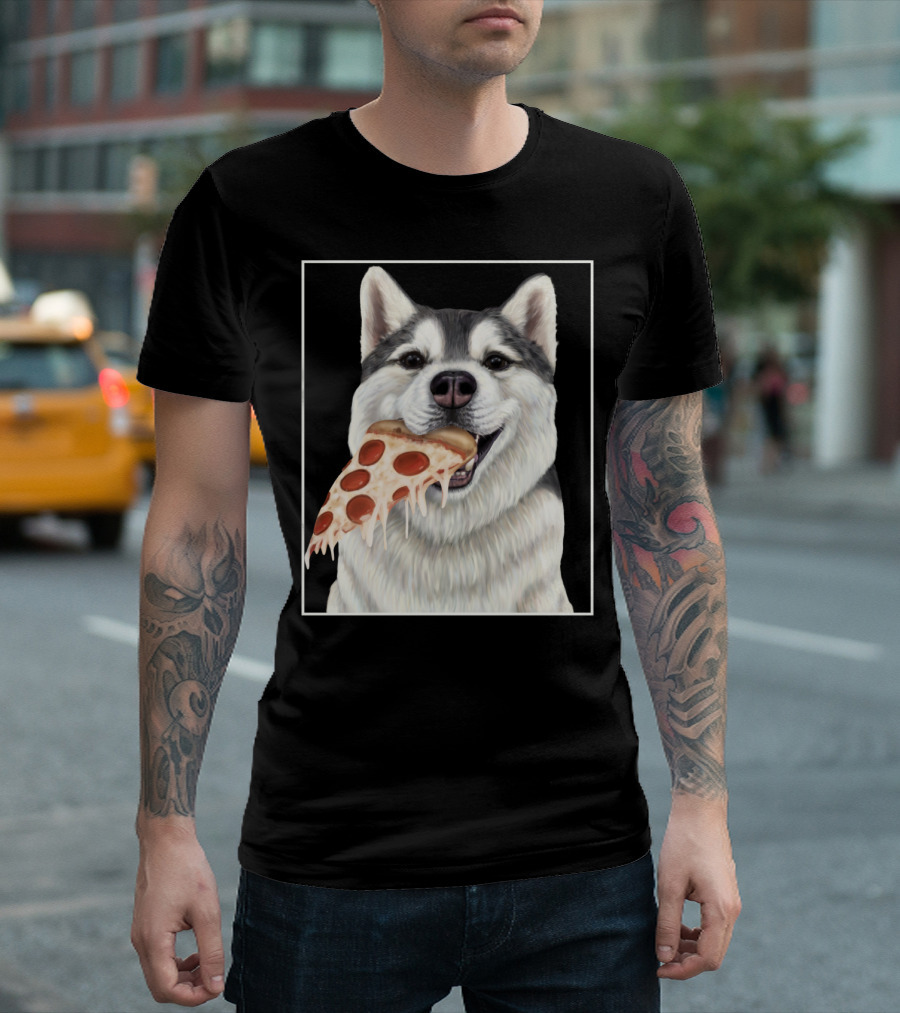 Husky Eating a Pepperoni Pizza Slice Dog Image T-Shirt
