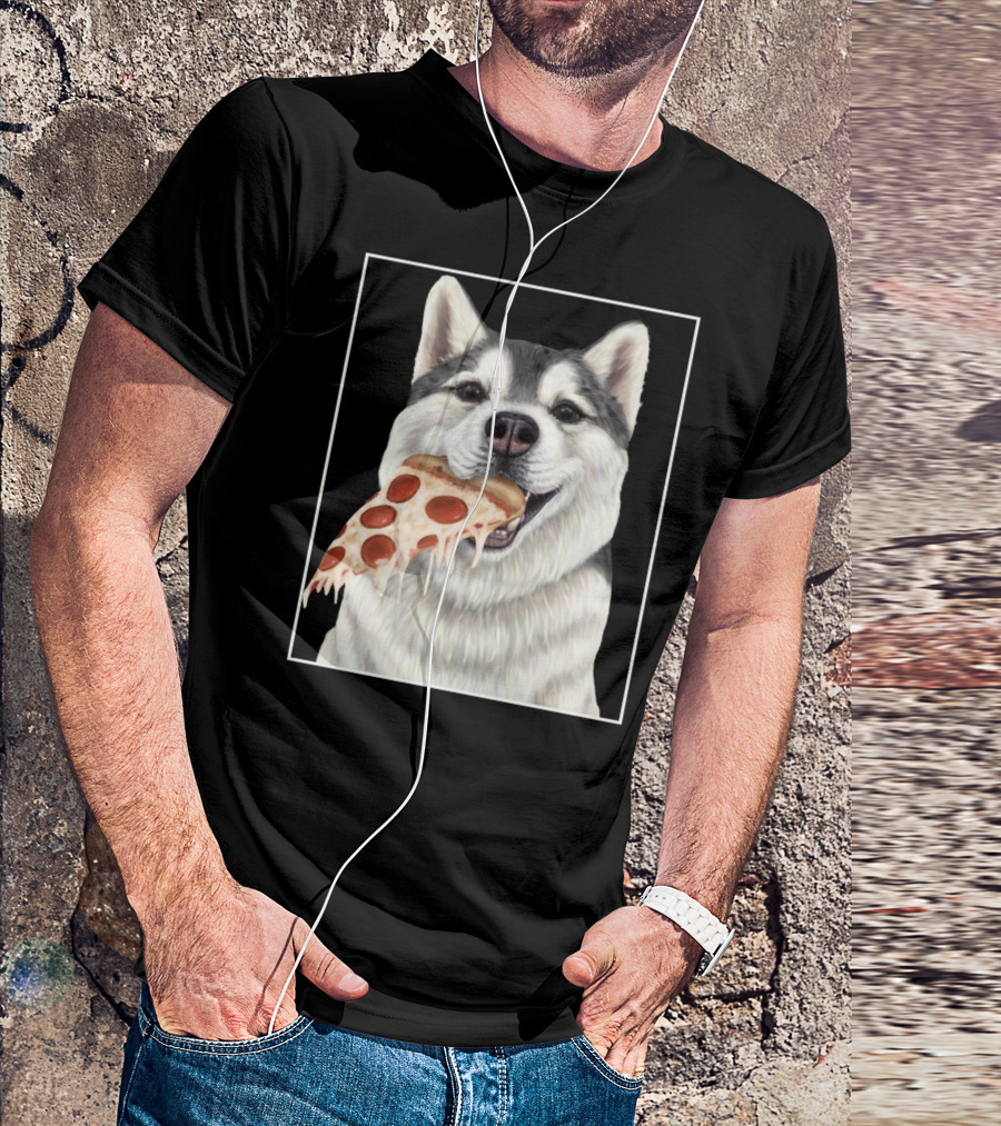 Husky Eating A Pepperoni Pizza Slice Dog Image T-Shirt