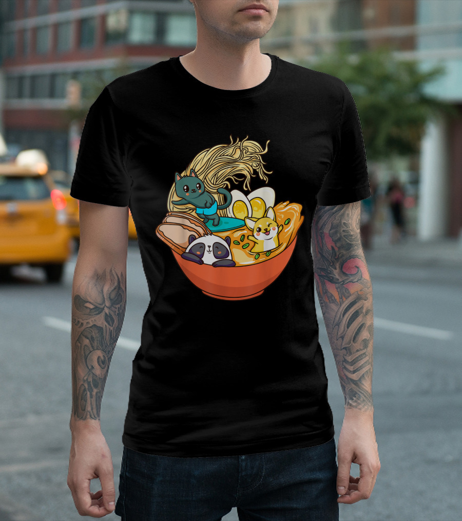 Kawaii Cat Panda Dog Anime Noodle Bowl with Egg and Ramen T-Shirt