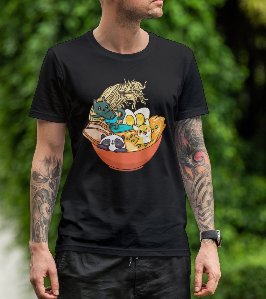 Kawaii Cat Panda Dog Anime Noodle Bowl With Egg And Ramen T-Shirt