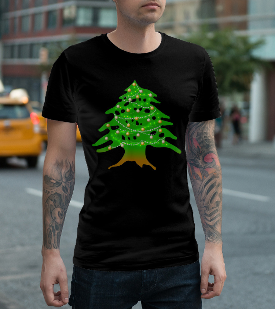 Lebanese Cedar Christmas Tree Lights Holiday Lebanon Flag Colors T-Shirt