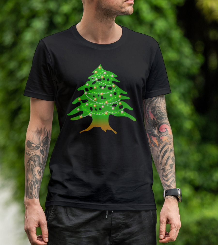 Lebanese Cedar Christmas Tree Lights Holiday Lebanon Flag Colors T-Shirt